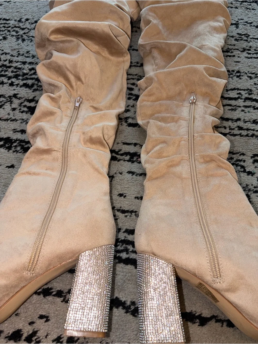 Over-the-Knee Slouchy Velvet Boots in Champagne with Sparkly Rhinestone Heel